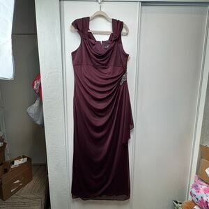 Alex Evening Designer Purple Draped Beaded Detail Waist Maxi Dress Size 16